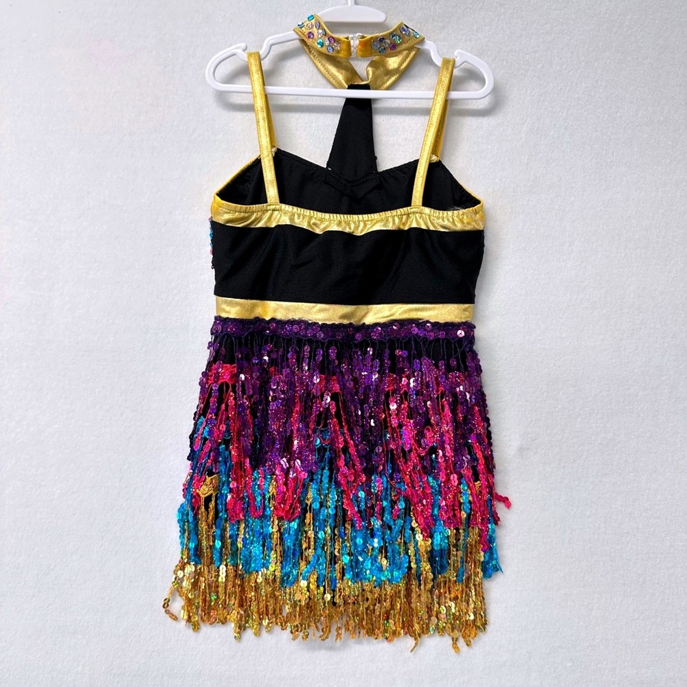 Glamour Costumes Dance Leotard Kids LC Colorful Sequin Fringe Halter T-Strap VTG - Picture 5 of 10